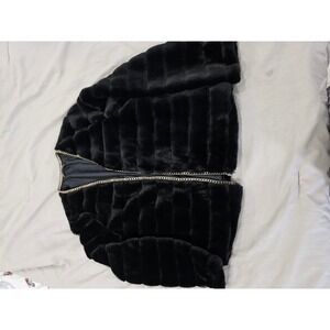 Black Faux‎ Fur Jacket with Gold Chain Trim - Women's Elegant Stylish